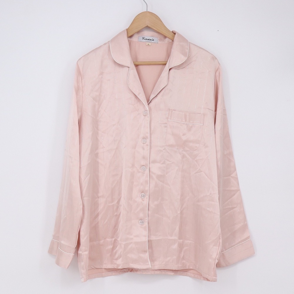 Yimanie Pajama Set Women XL Pinstripe Pink Metallic Button-down Excellent